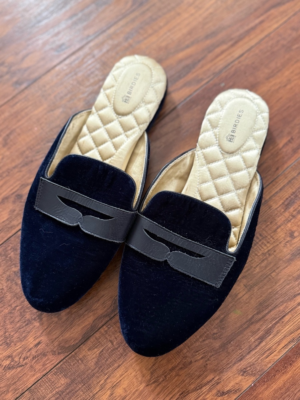 Birdies Phoebe Navy Velvet Slip-On Mules Gold Spring Classic | Size 9.5